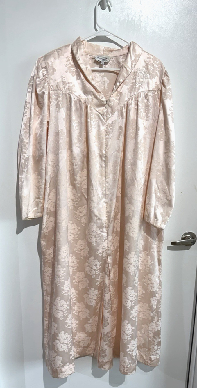 Vintage Christian Dior Loungewear L Peach Satin Jacquard Zip Robe Crest pockets